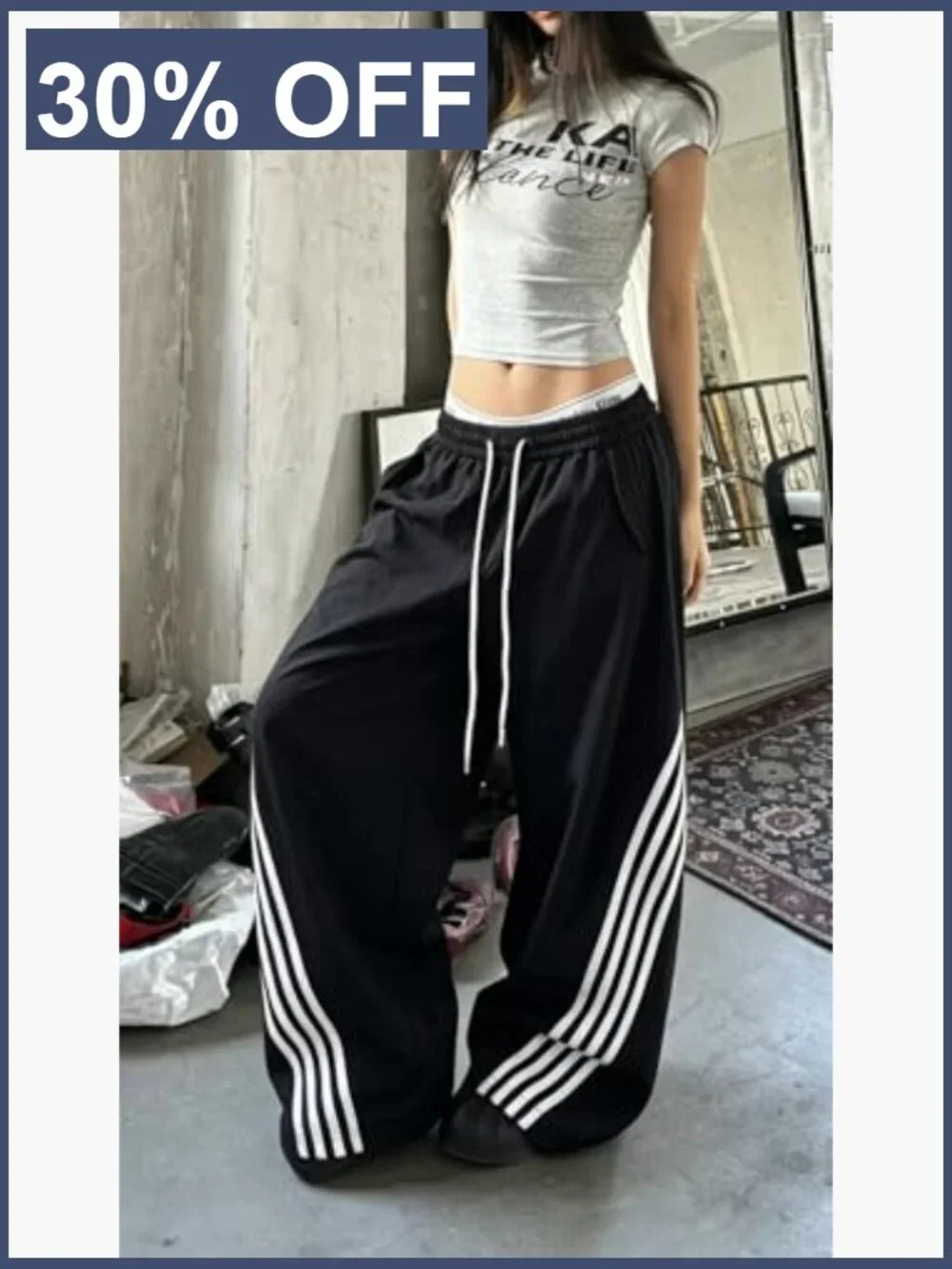 Y2K Striped Barrel Sweatpants Baggy High Waisted Wide Leg Joggers with - Picture 4 of 7